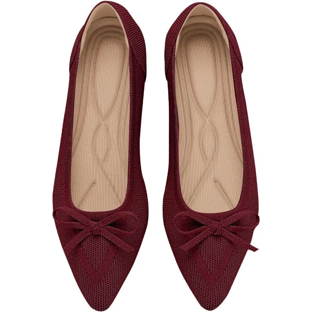 Women's Red Pointed Toe Bow Knit Ballet Comfortable Dressy Mesh Slip On Flat
